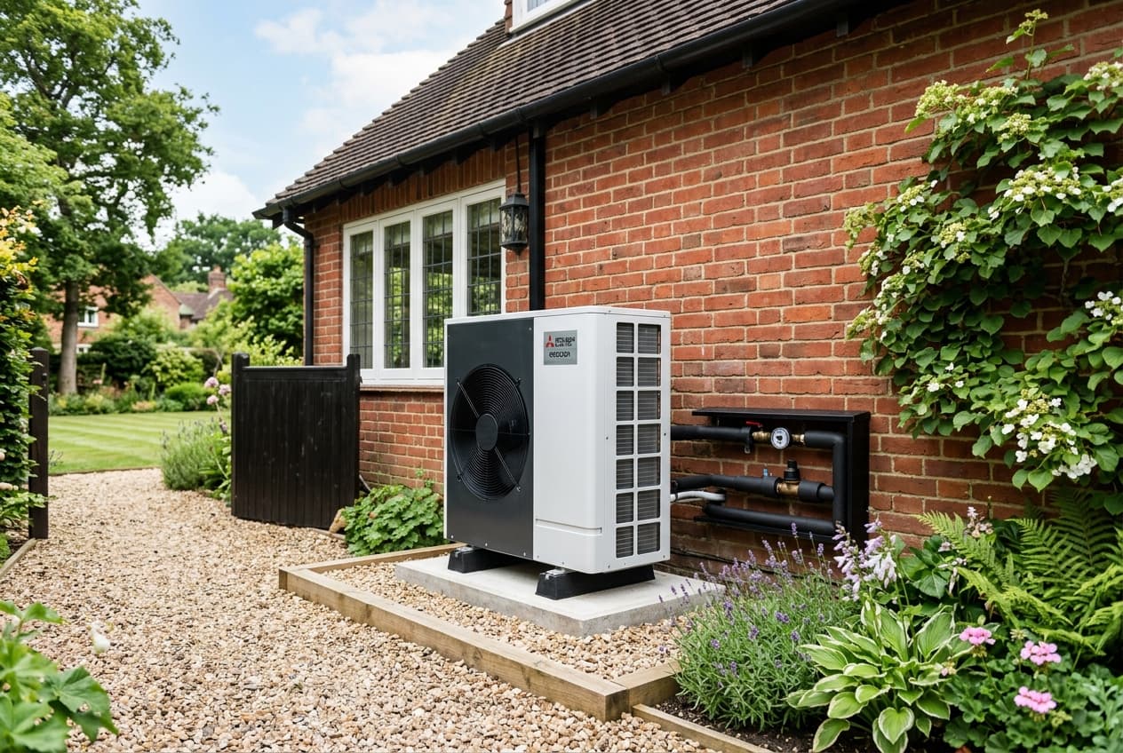 Modern air source heat pump outdoor unit neatly installed outside an English home against a red brick wall