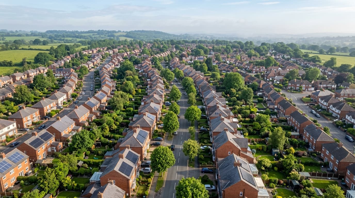 Aerial photograph of an English residential suburb with solar panels on slate roofs