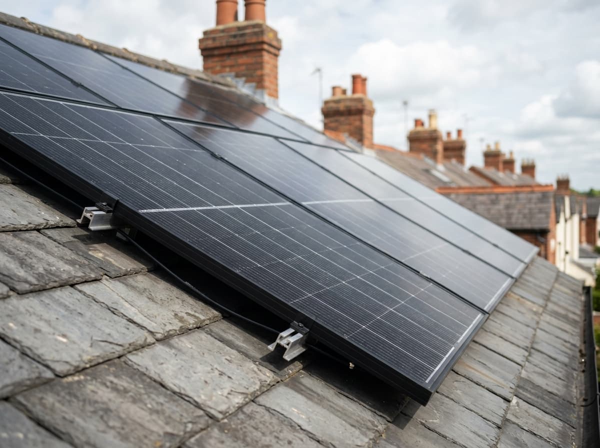 Close-up of black monocrystalline solar panels mounted on a pitched slate roof